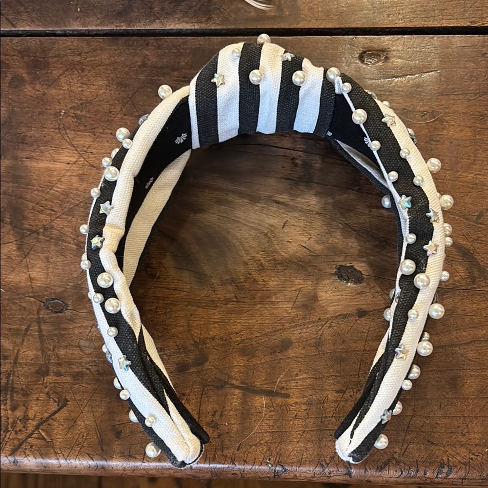 Lele Sadoughi Black and White Striped Headband with Pearls very good! 🌟